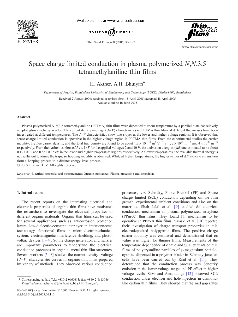 Space charge limited conduction in plasma polymerized N,N,3,5 tetramethylaniline thin films