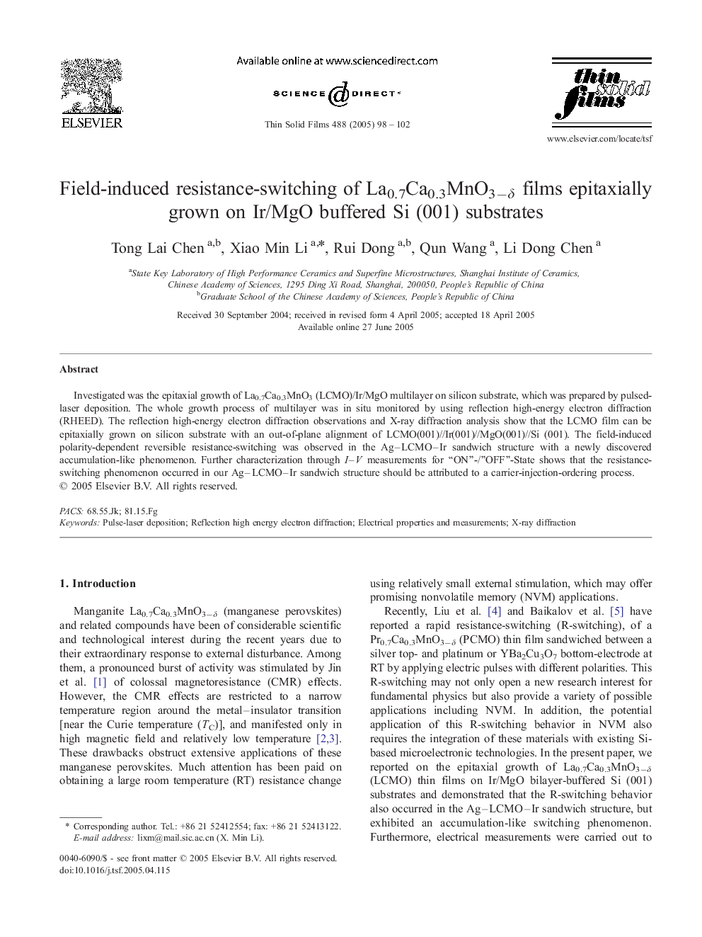 Field-induced resistance-switching of La0.7Ca0.3MnO3âÎ´ films epitaxially grown on Ir/MgO buffered Si (001) substrates