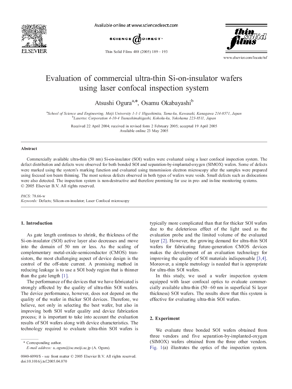 Evaluation of commercial ultra-thin Si-on-insulator wafers using laser confocal inspection system