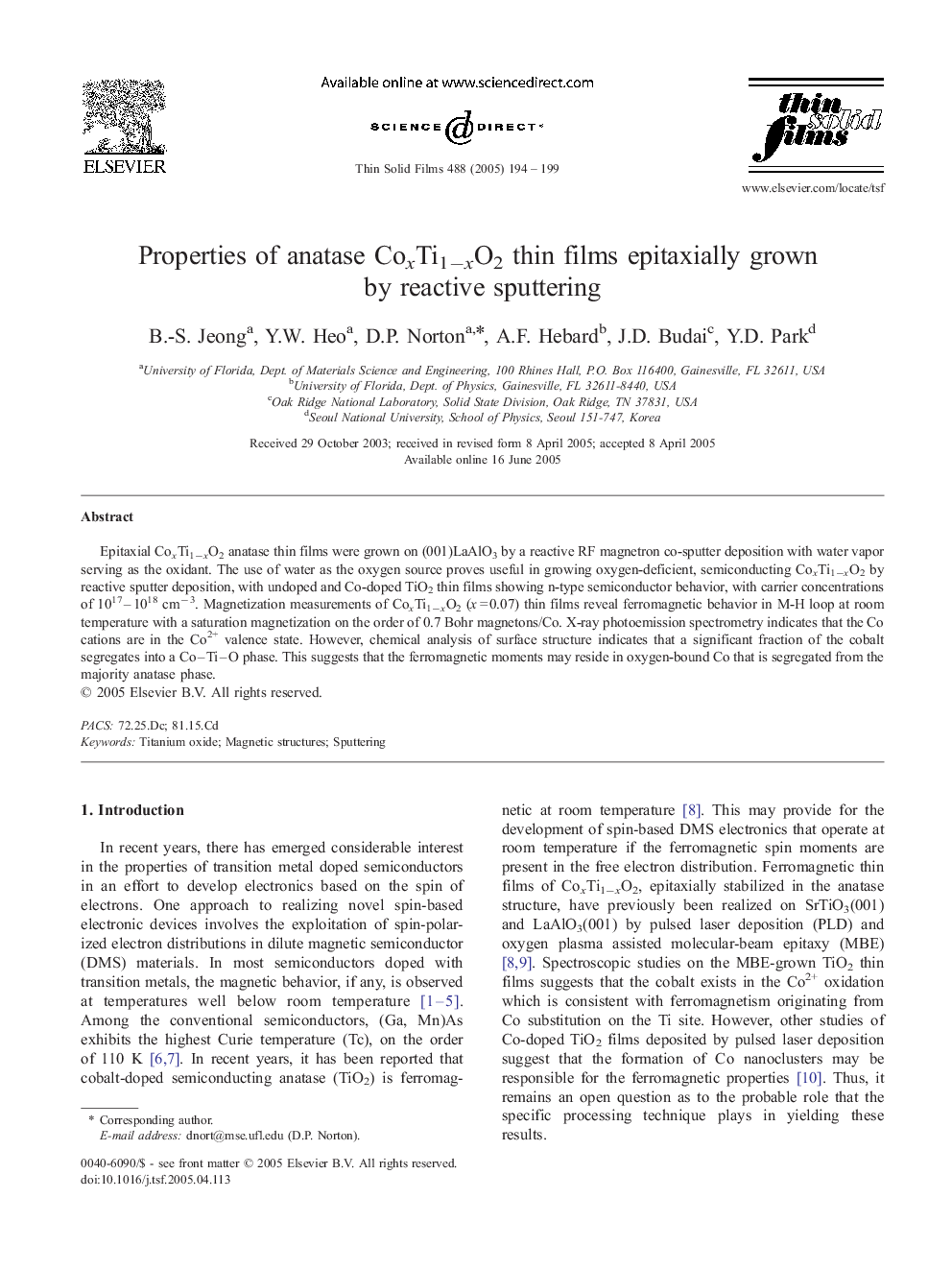 Properties of anatase CoxTi1âxO2 thin films epitaxially grown by reactive sputtering
