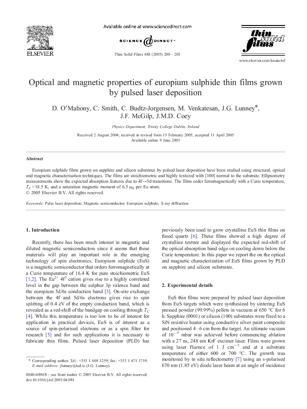 Optical and magnetic properties of europium sulphide thin films grown by pulsed laser deposition