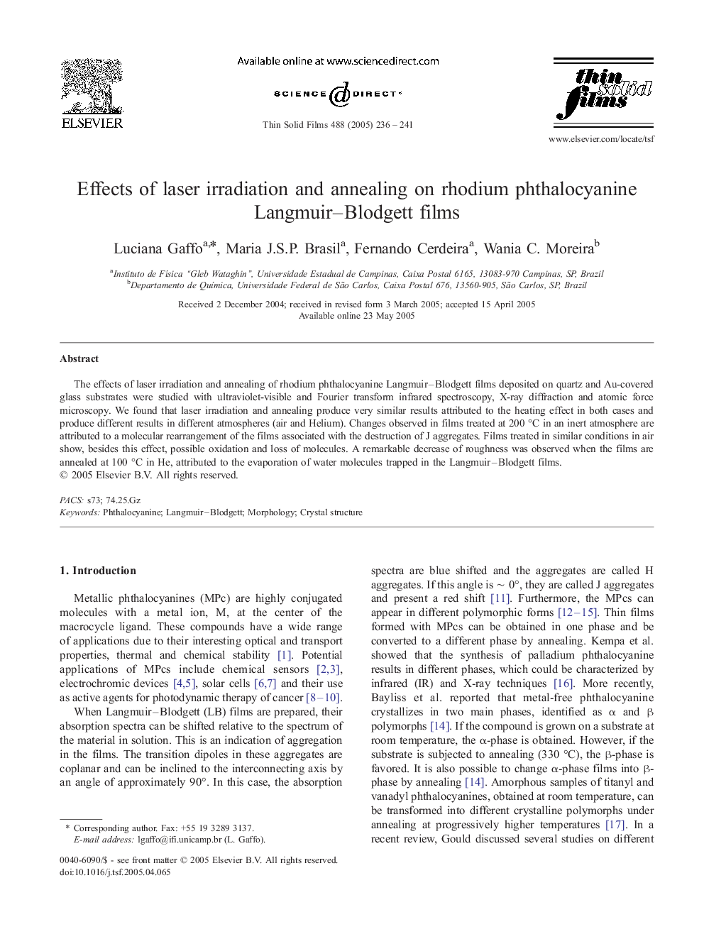 عکس صفحه اول مقاله: Effects of laser irradiation and annealing on rhodium phthalocyanine Langmuir-Blodgett films Effects of laser irradiation and annealing on rhodium phthalocyanine Langmuir-Blodgett films