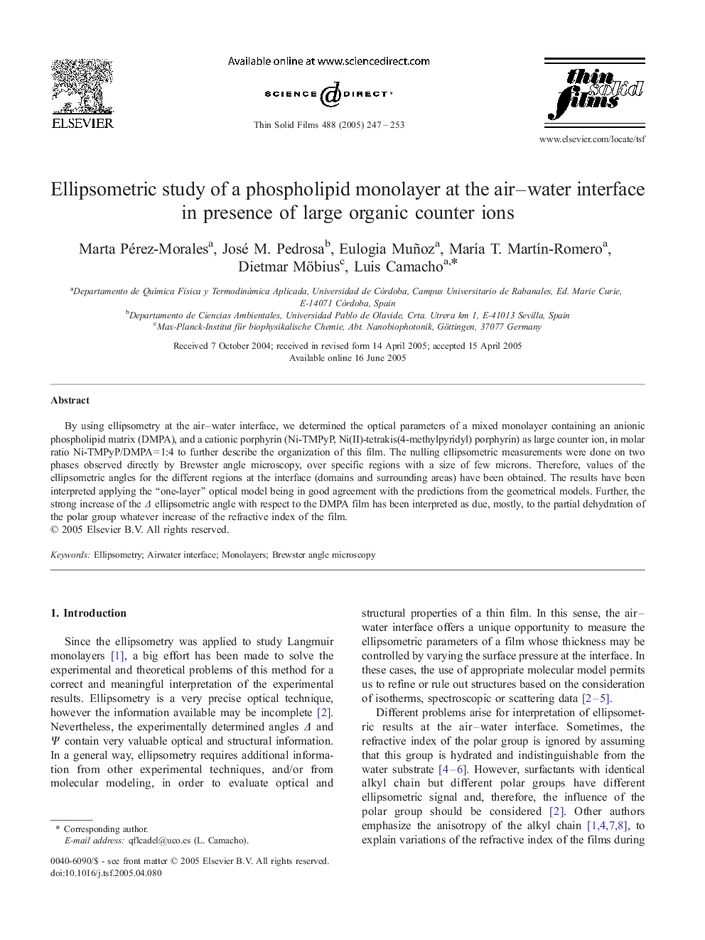 Ellipsometric study of a phospholipid monolayer at the air-water interface in presence of large organic counter ions