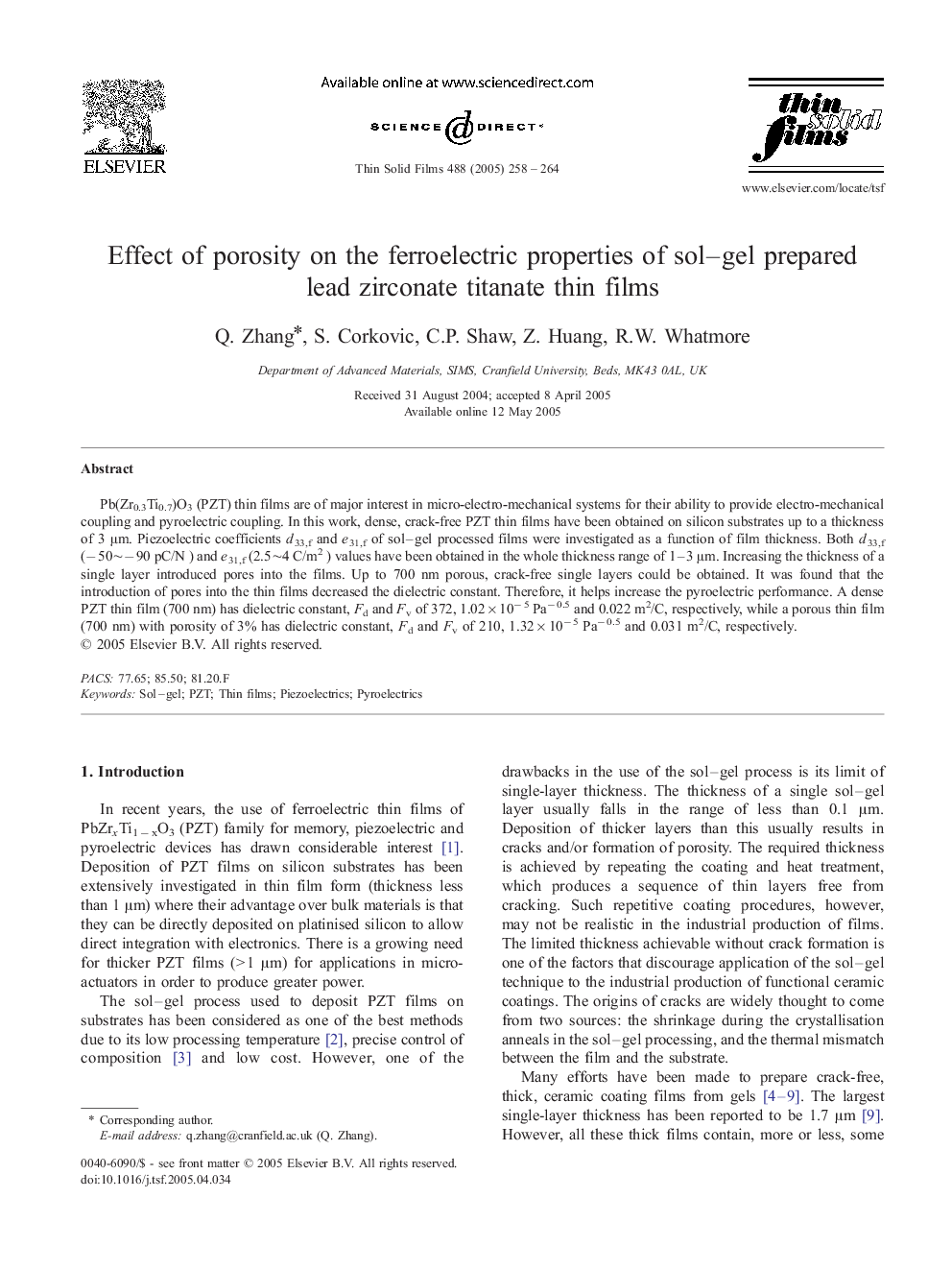 Effect of porosity on the ferroelectric properties of sol-gel prepared lead zirconate titanate thin films