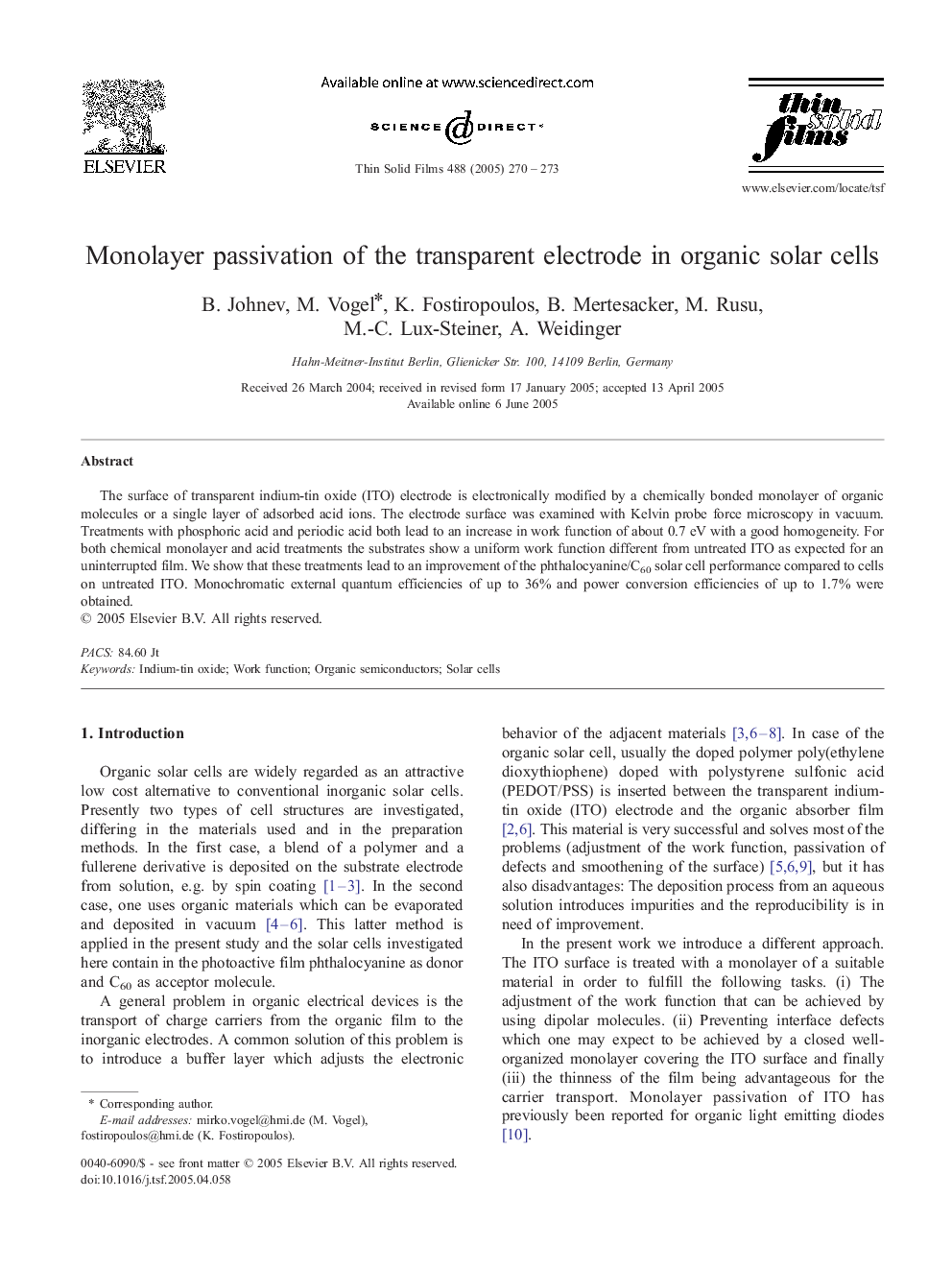 Monolayer passivation of the transparent electrode in organic solar cells