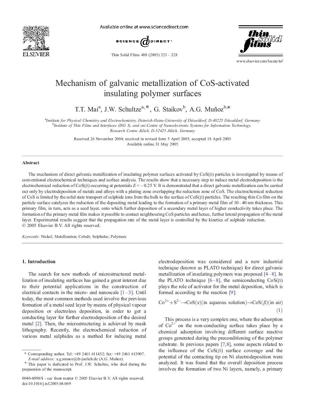 Mechanism of galvanic metallization of CoS-activated insulating polymer surfaces