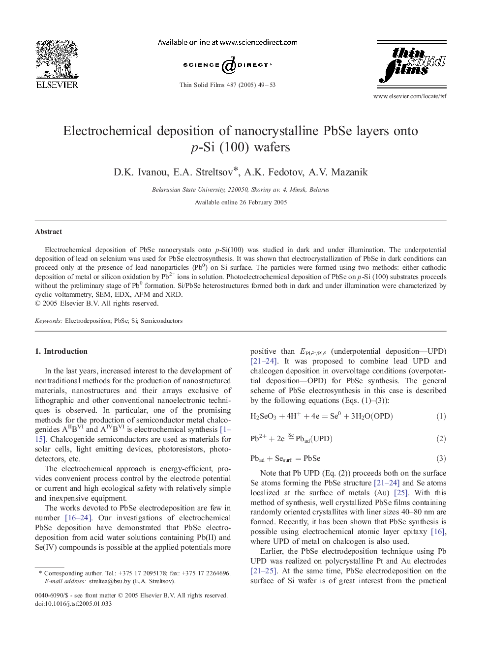 Electrochemical deposition of nanocrystalline PbSe layers onto p-Si (100) wafers