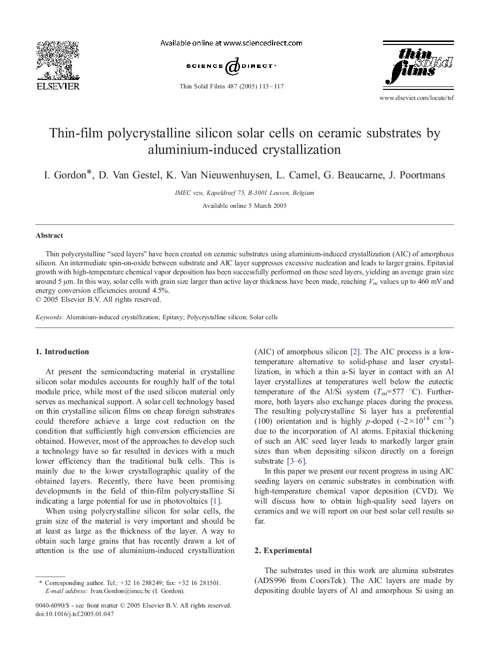 عکس صفحه اول مقاله: Thin-film polycrystalline silicon solar cells on ceramic substrates by aluminium-induced crystallization Thin-film polycrystalline silicon solar cells on ceramic substrates by aluminium-induced crystallization