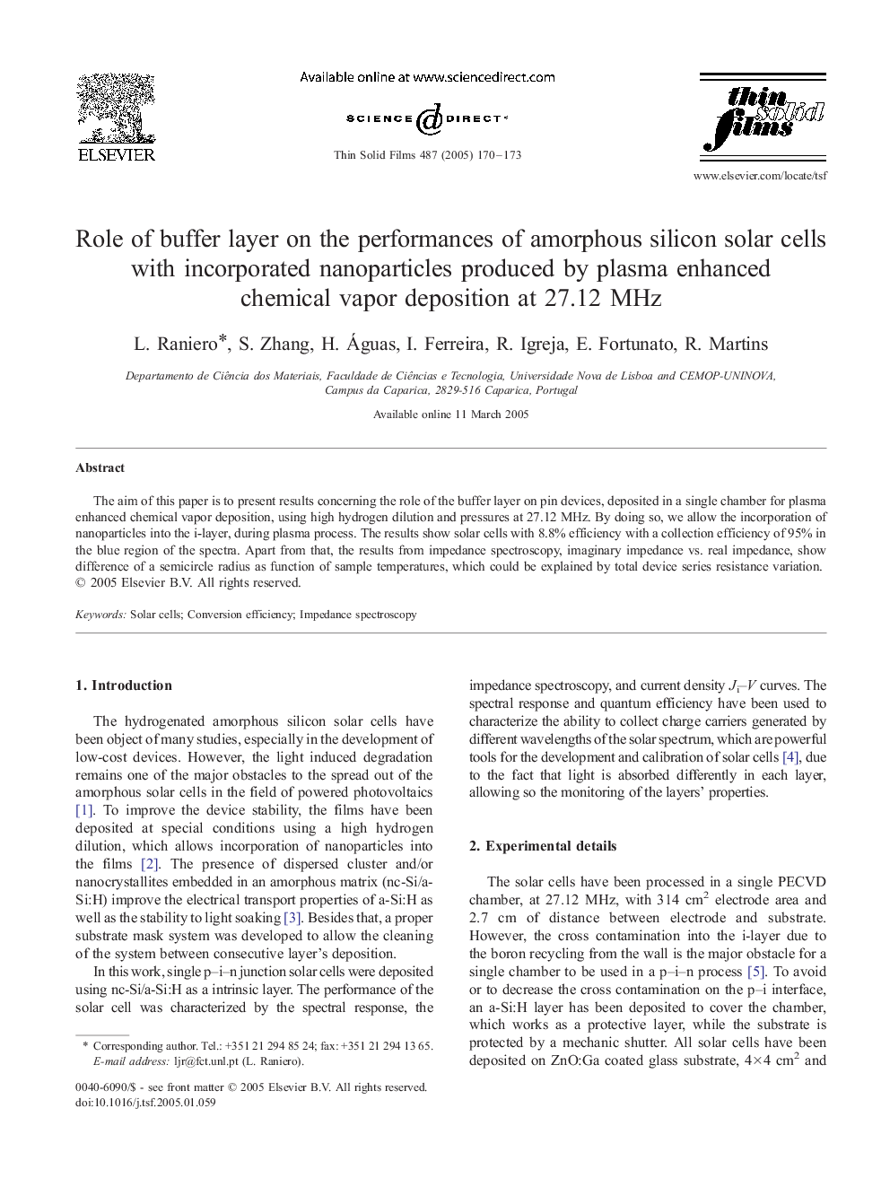 Role of buffer layer on the performances of amorphous silicon solar cells with incorporated nanoparticles produced by plasma enhanced chemical vapor deposition at 27.12 MHz