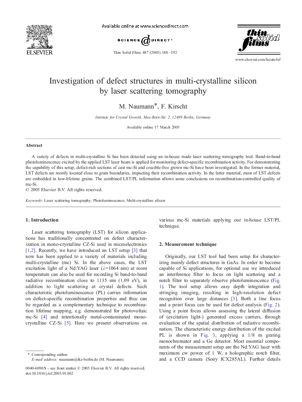 Investigation of defect structures in multi-crystalline silicon by laser scattering tomography