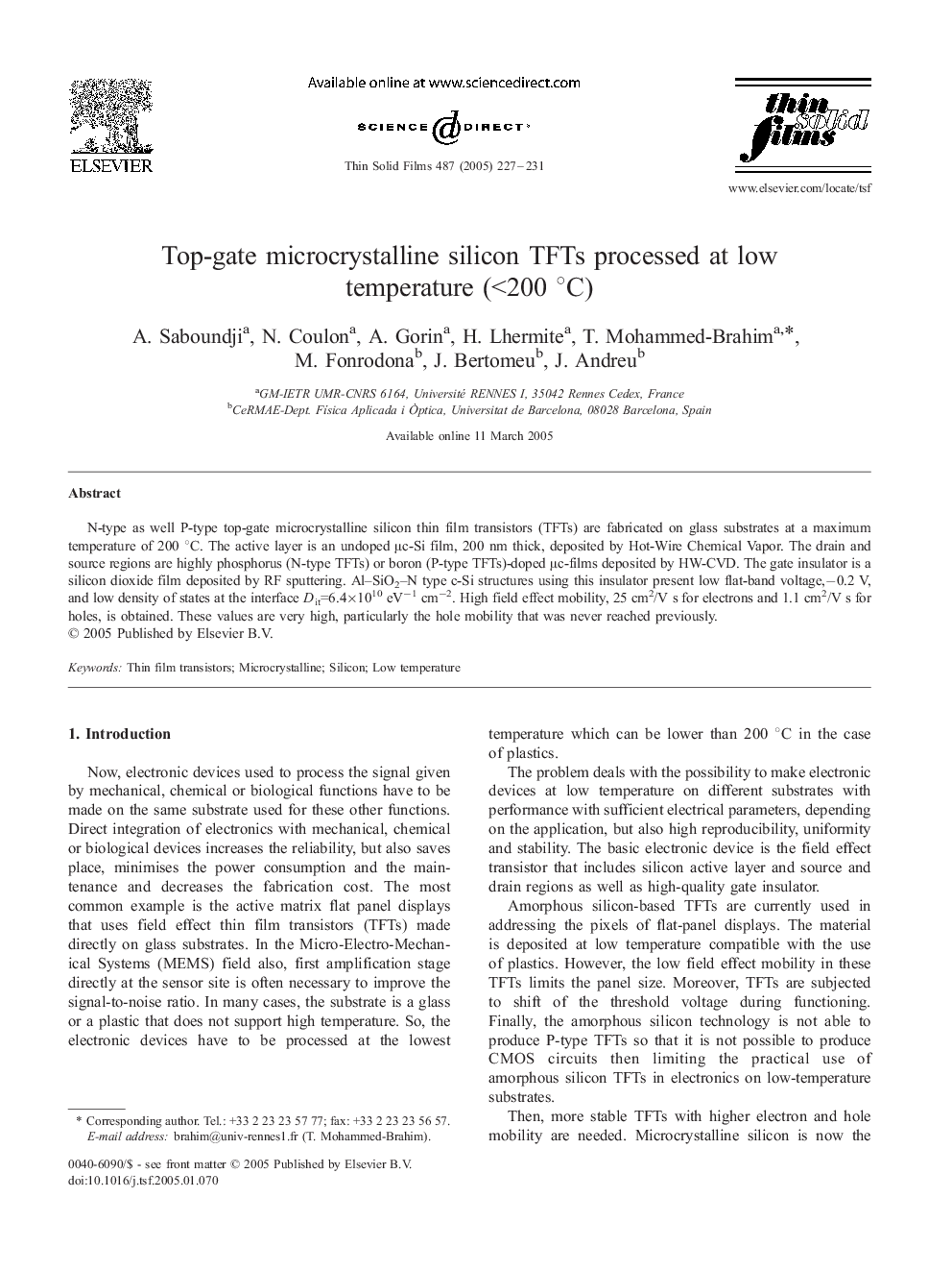 Top-gate microcrystalline silicon TFTs processed at low temperature (<200 Â°C)