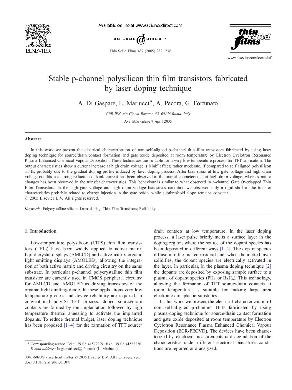 Stable p-channel polysilicon thin film transistors fabricated by laser doping technique