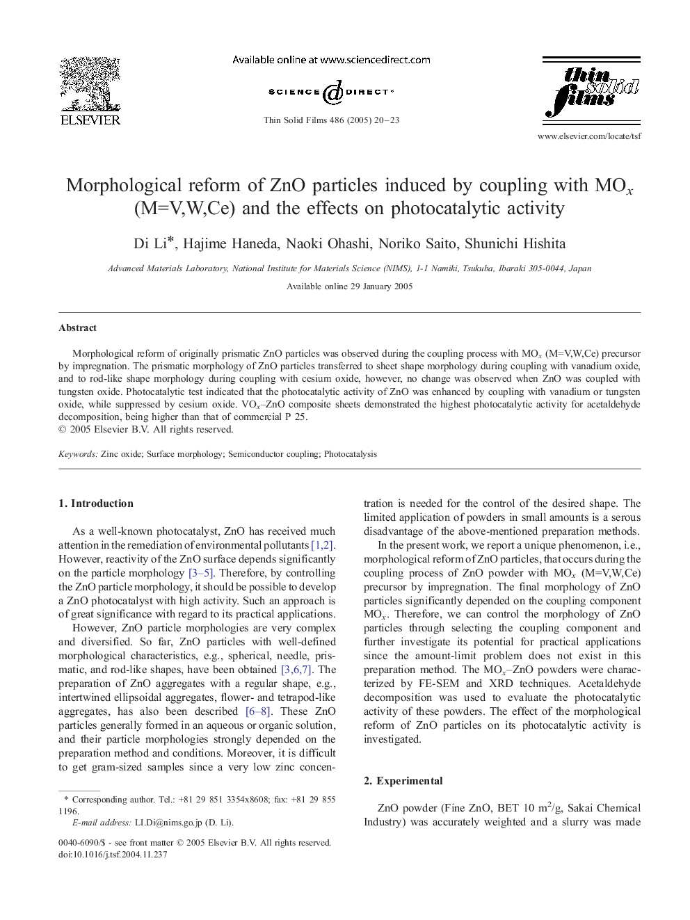 Morphological reform of ZnO particles induced by coupling with MOx (M=V,W,Ce) and the effects on photocatalytic activity