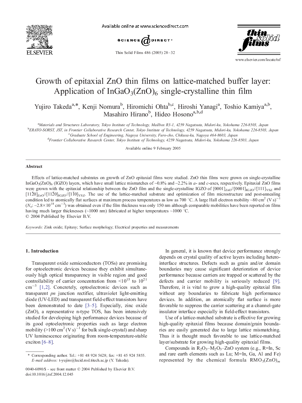 Growth of epitaxial ZnO thin films on lattice-matched buffer layer: Application of InGaO3(ZnO)6 single-crystalline thin film