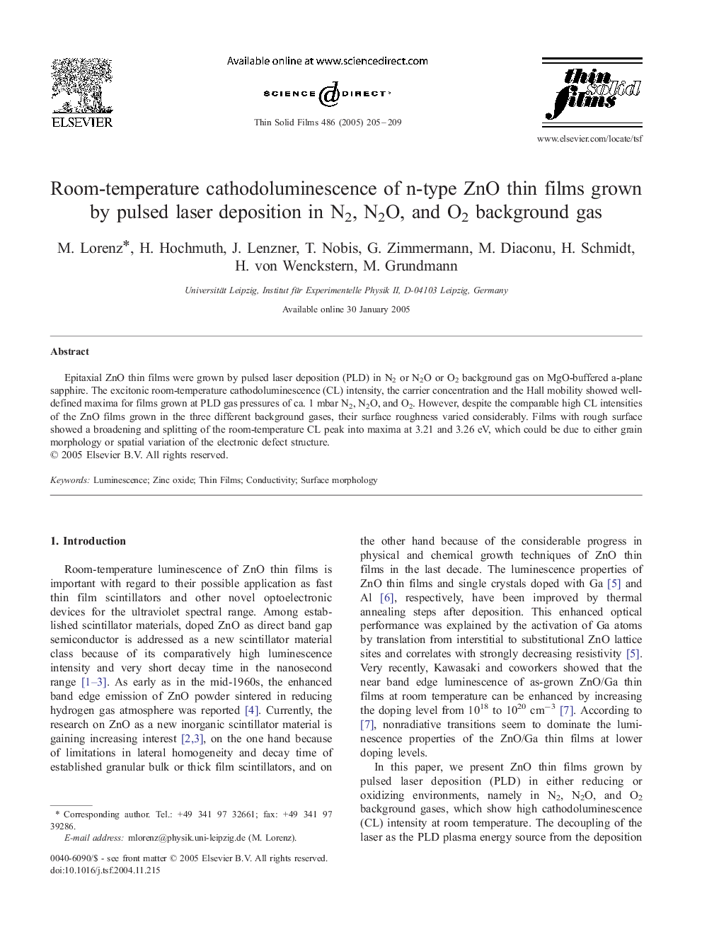 Room-temperature cathodoluminescence of n-type ZnO thin films grown by pulsed laser deposition in N2, N2O, and O2 background gas