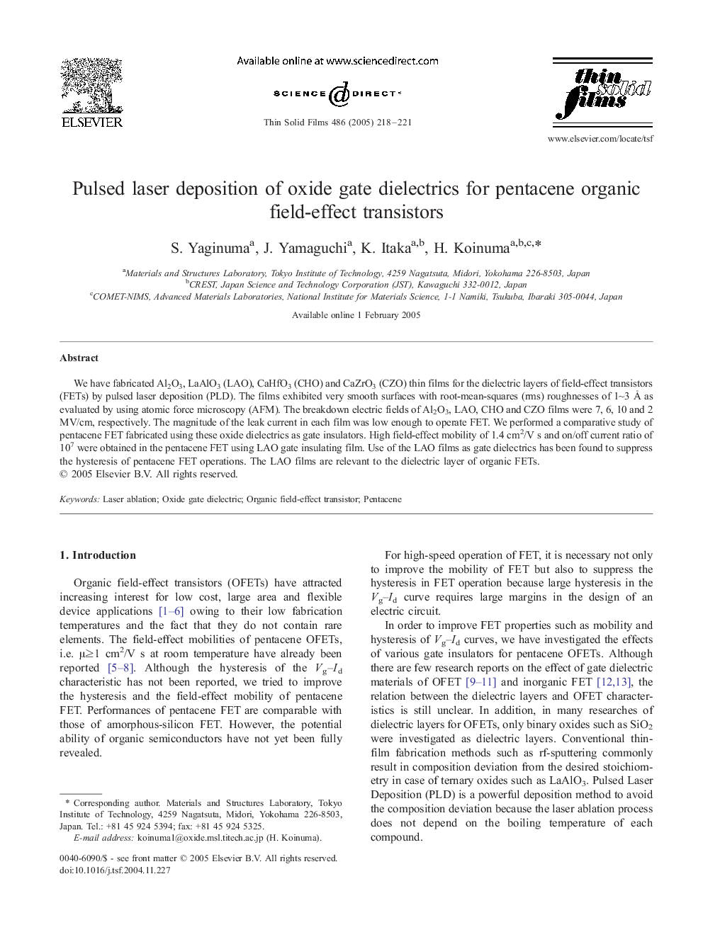 Pulsed laser deposition of oxide gate dielectrics for pentacene organic field-effect transistors