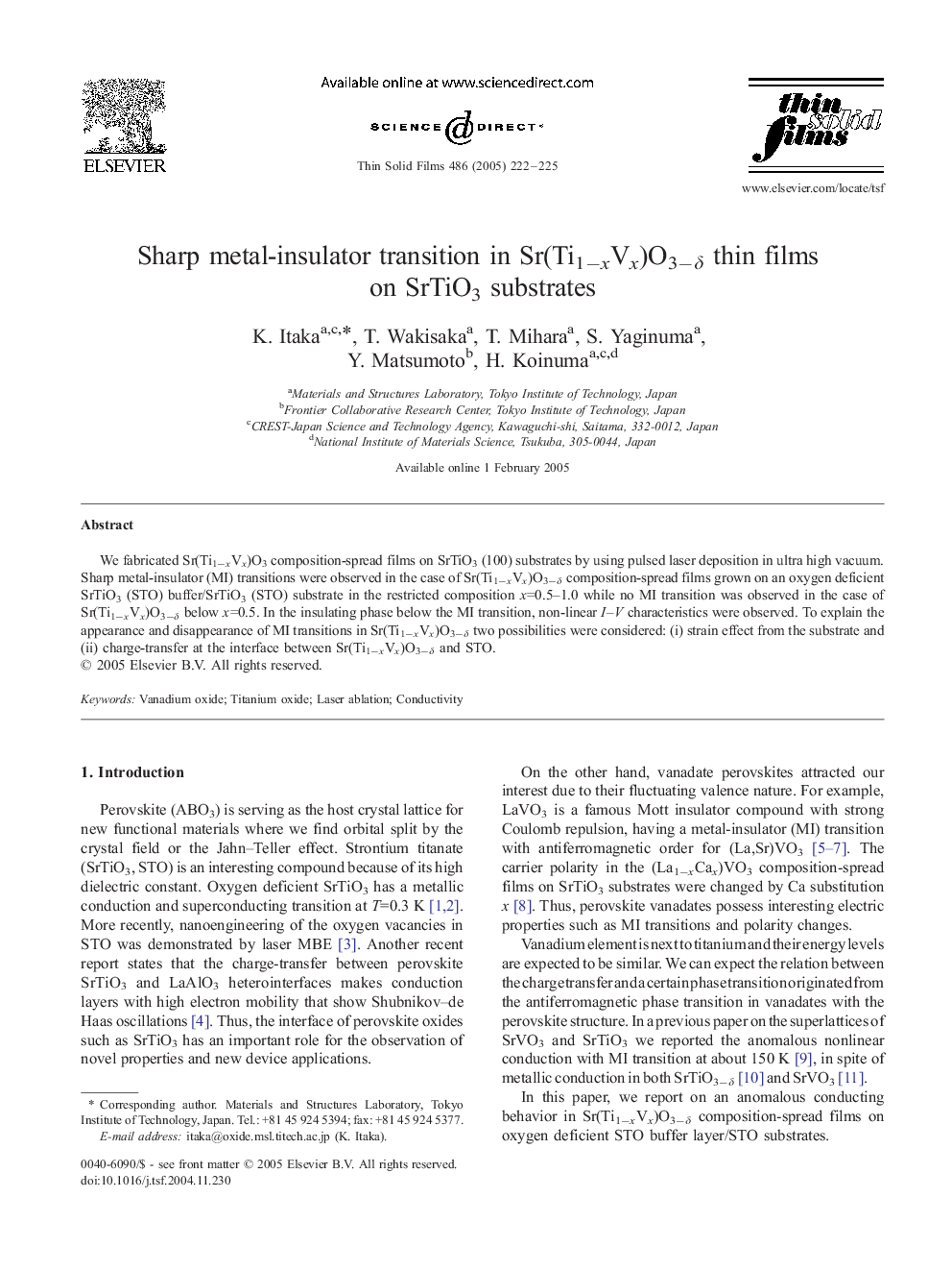 Sharp metal-insulator transition in Sr(Ti1âxVx)O3âÎ´ thin films on SrTiO3 substrates