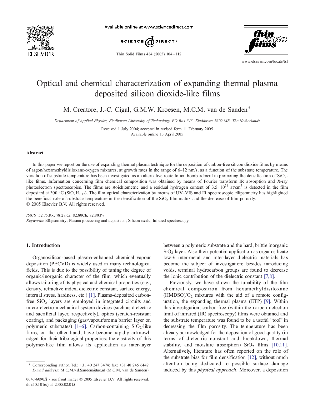 Optical and chemical characterization of expanding thermal plasma deposited silicon dioxide-like films