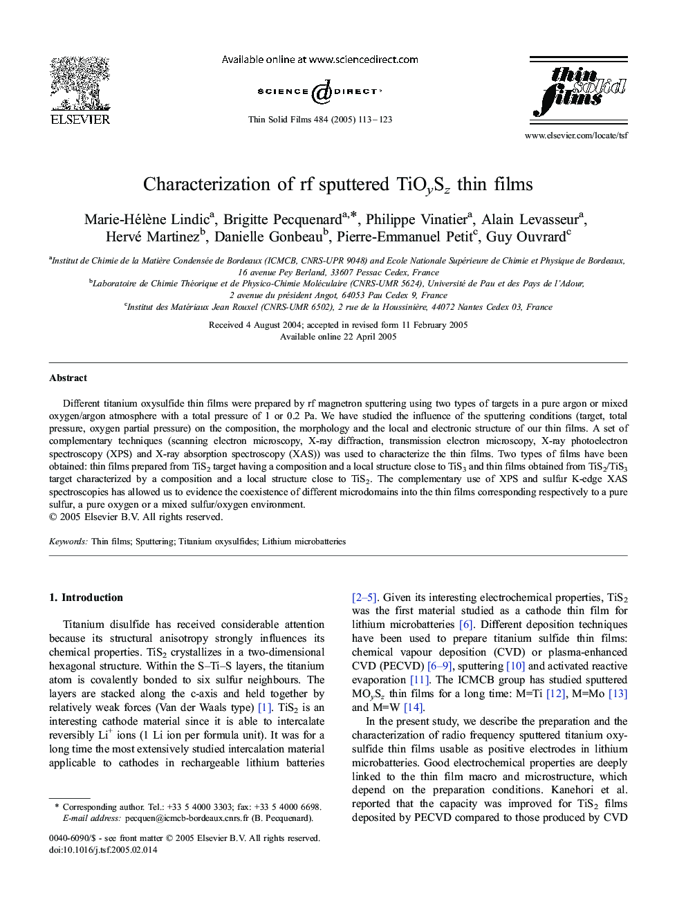 Characterization of rf sputtered TiOySz thin films