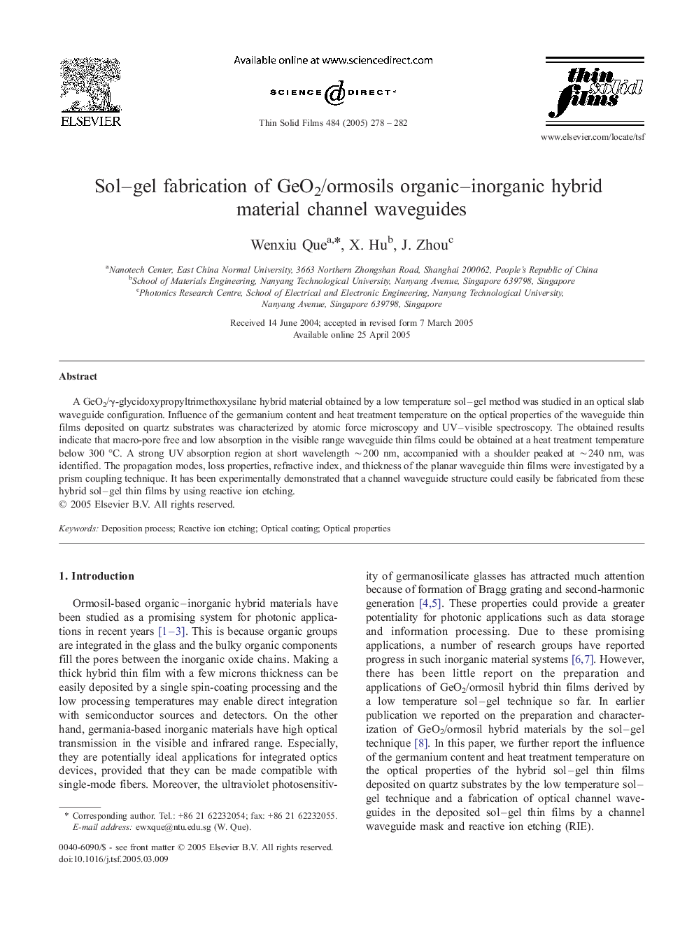 Sol-gel fabrication of GeO2/ormosils organic-inorganic hybrid material channel waveguides