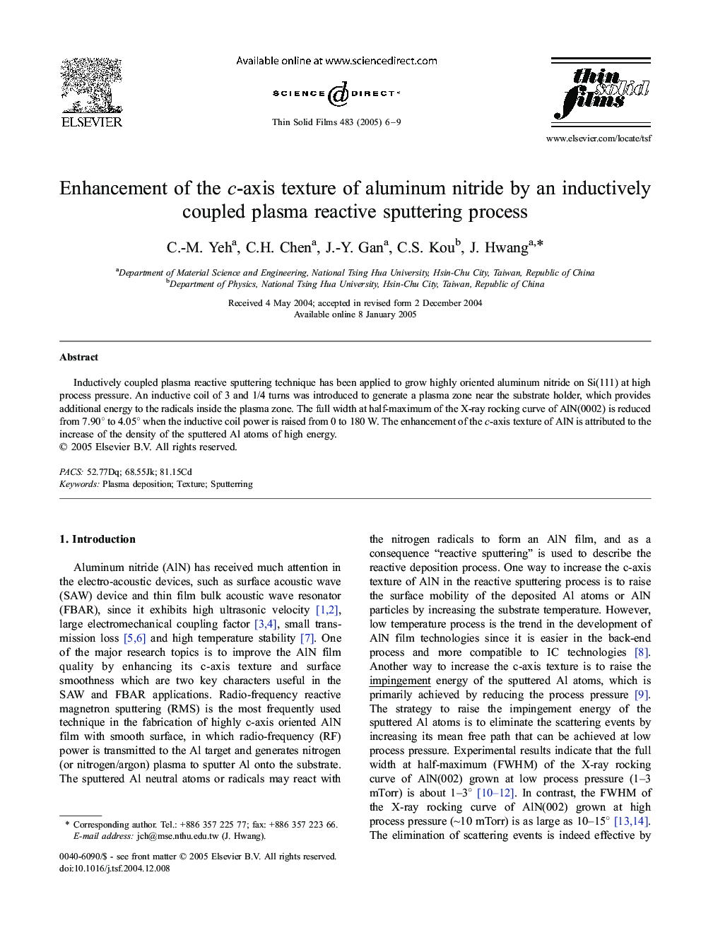 Enhancement of the c-axis texture of aluminum nitride by an inductively coupled plasma reactive sputtering process