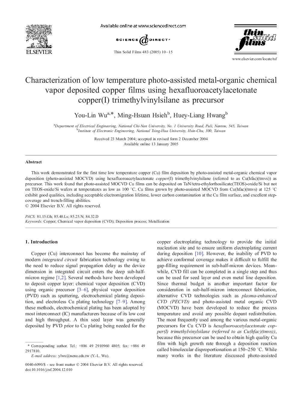 Characterization of low temperature photo-assisted metal-organic chemical vapor deposited copper films using hexafluoroacetylacetonate copper(I) trimethylvinylsilane as precursor