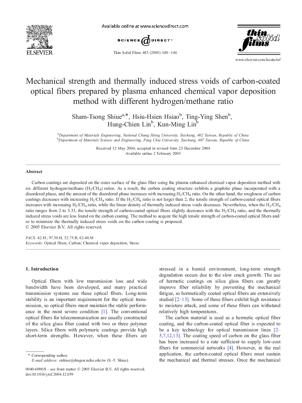 Mechanical strength and thermally induced stress voids of carbon-coated optical fibers prepared by plasma enhanced chemical vapor deposition method with different hydrogen/methane ratio