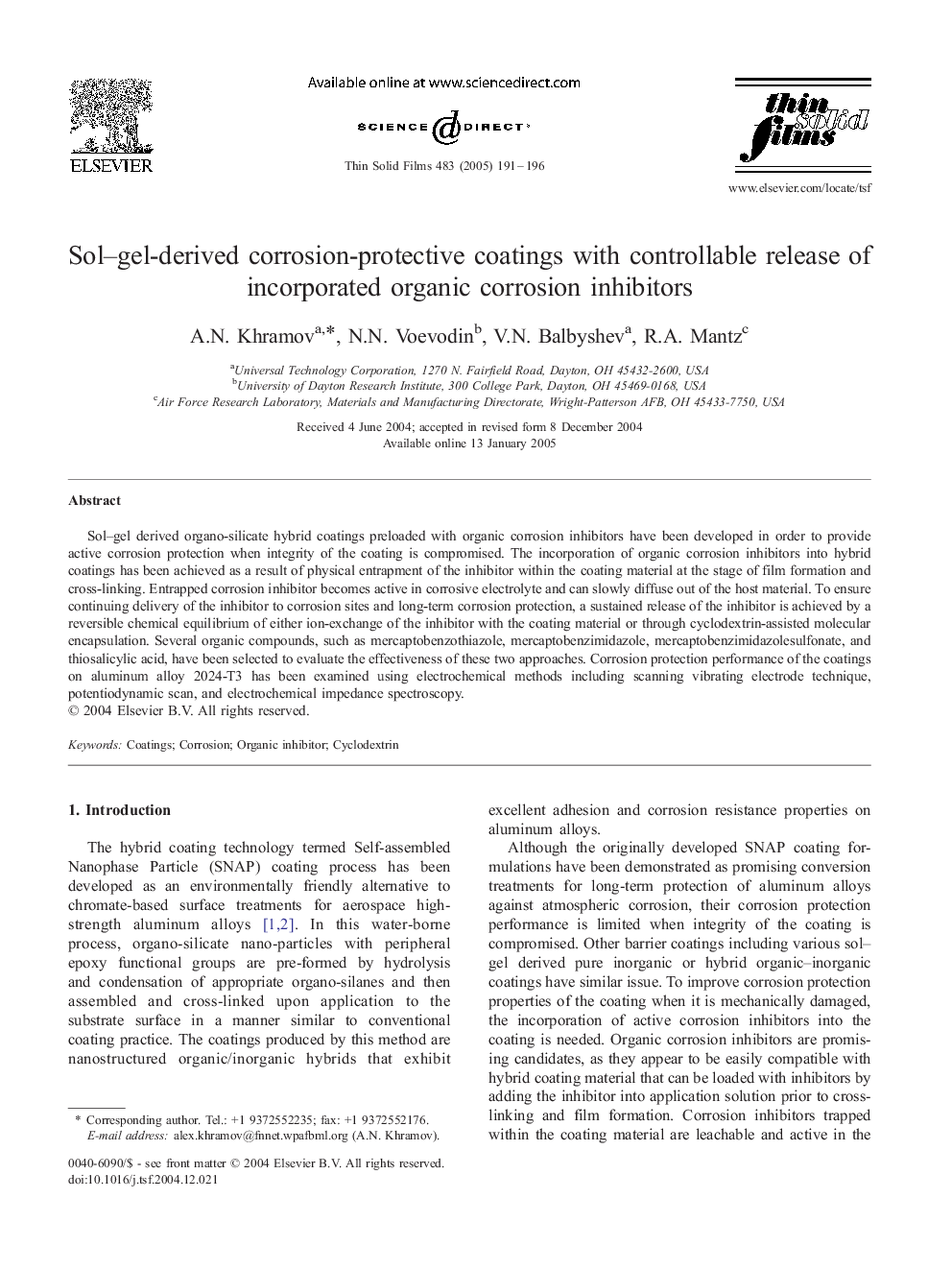 Sol-gel-derived corrosion-protective coatings with controllable release of incorporated organic corrosion inhibitors