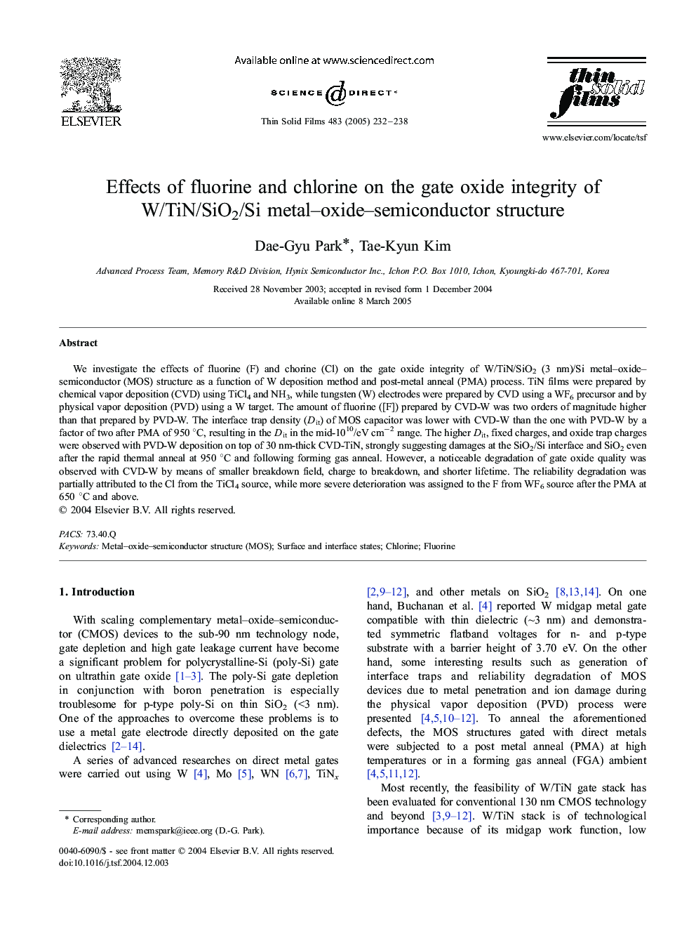 Effects of fluorine and chlorine on the gate oxide integrity of W/TiN/SiO2/Si metal-oxide-semiconductor structure