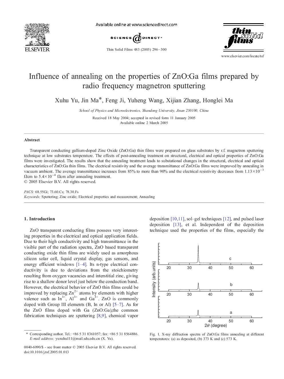 Influence of annealing on the properties of ZnO:Ga films prepared by radio frequency magnetron sputtering