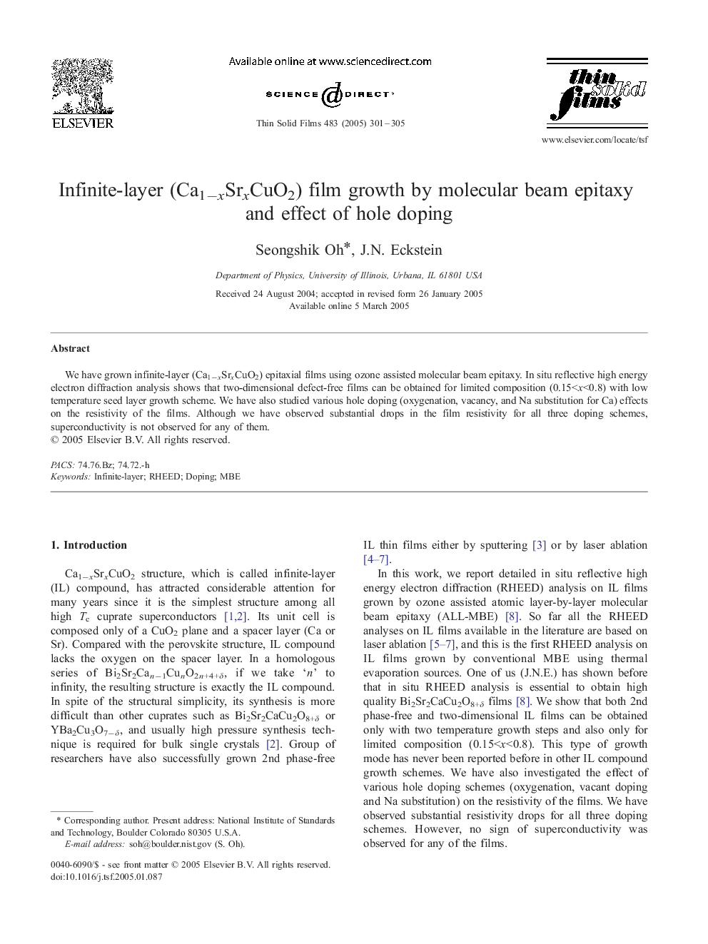 Infinite-layer (Ca1âxSrxCuO2) film growth by molecular beam epitaxy and effect of hole doping