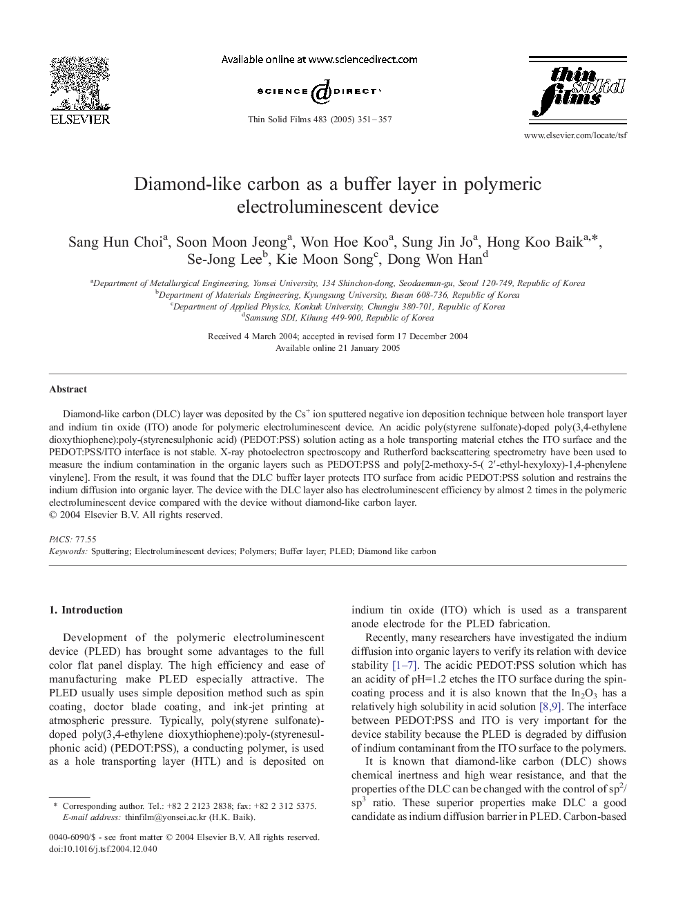 Diamond-like carbon as a buffer layer in polymeric electroluminescent device