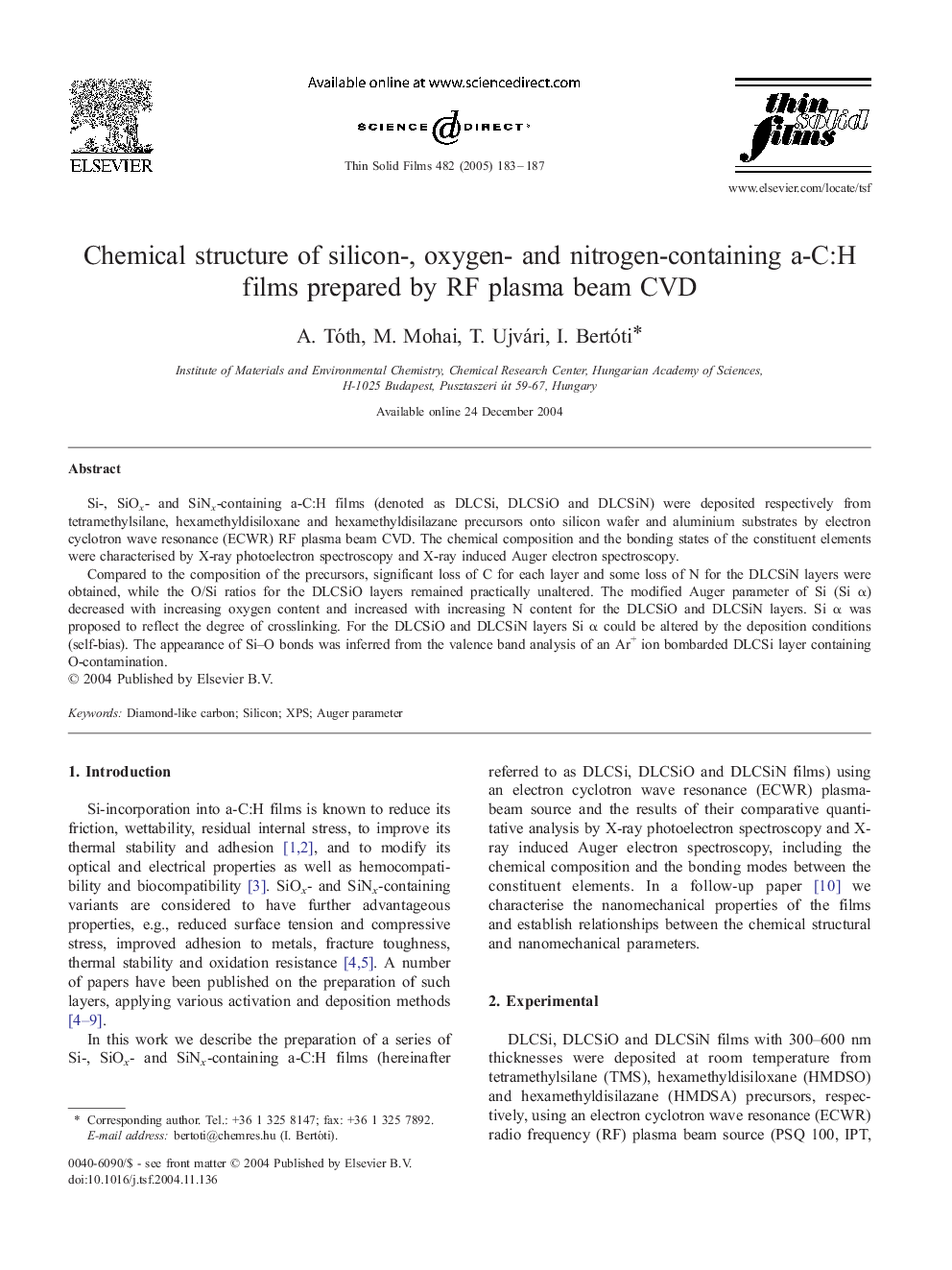 Chemical structure of silicon-, oxygen- and nitrogen-containing a-C:H films prepared by RF plasma beam CVD