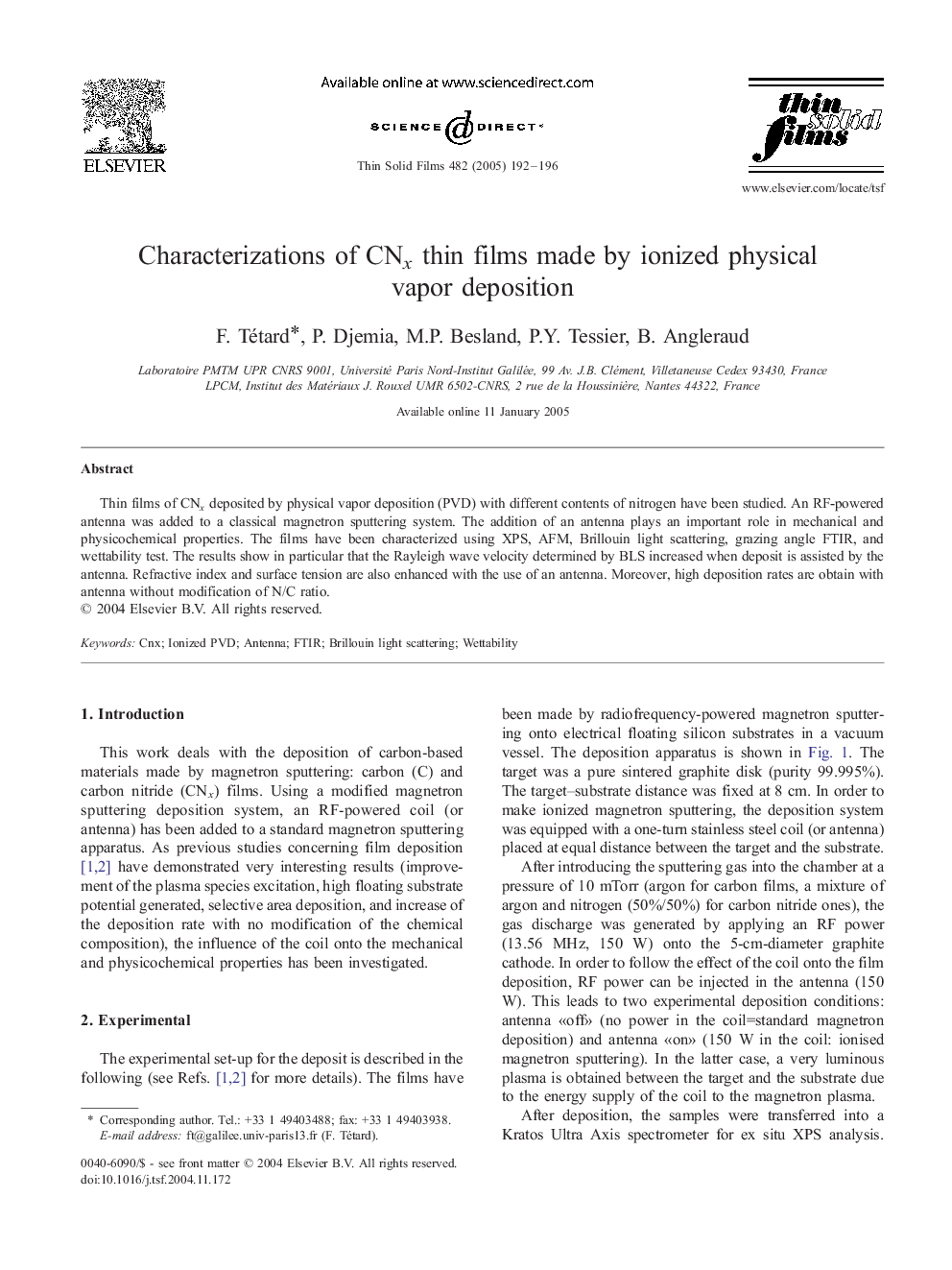 Characterizations of CNx thin films made by ionized physical vapor deposition