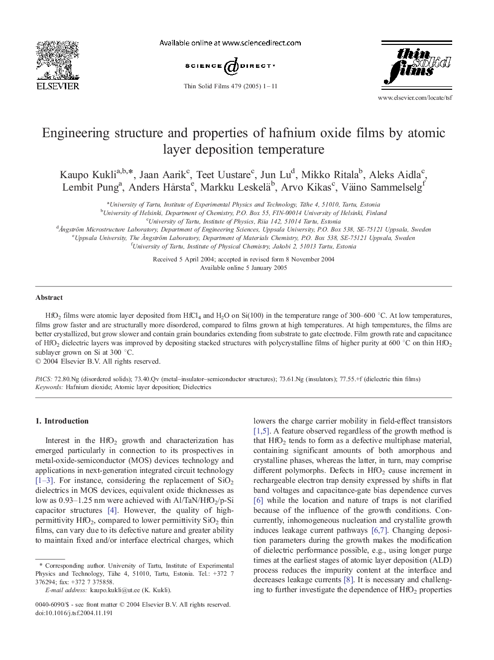 Engineering structure and properties of hafnium oxide films by atomic layer deposition temperature