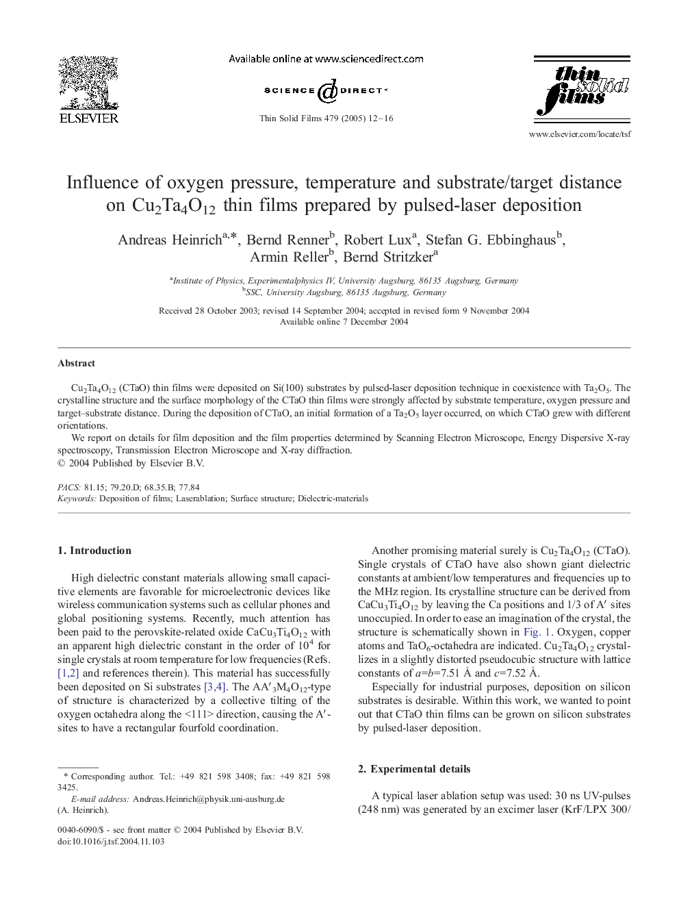 Influence of oxygen pressure, temperature and substrate/target distance on Cu2Ta4O12 thin films prepared by pulsed-laser deposition