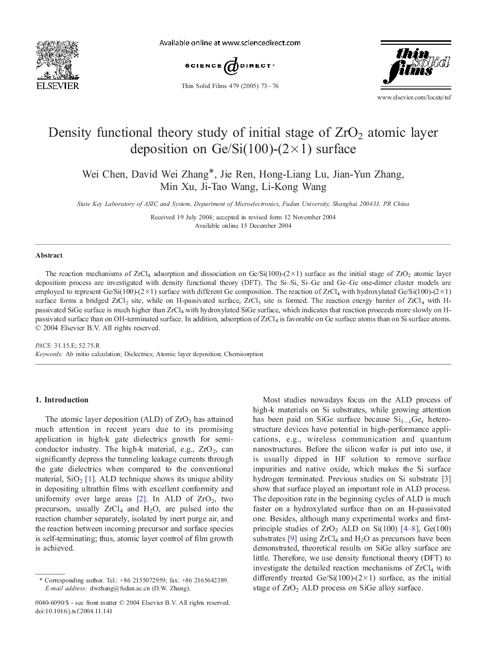 Density functional theory study of initial stage of ZrO2 atomic layer deposition on Ge/Si(100)-(2Ã1) surface