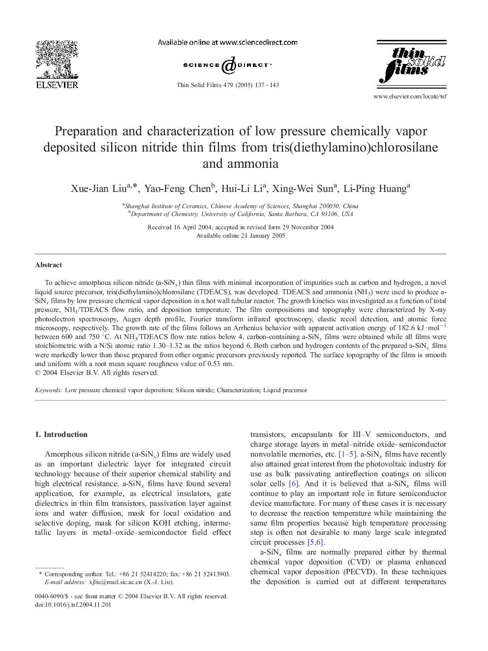 Preparation and characterization of low pressure chemically vapor deposited silicon nitride thin films from tris(diethylamino)chlorosilane and ammonia