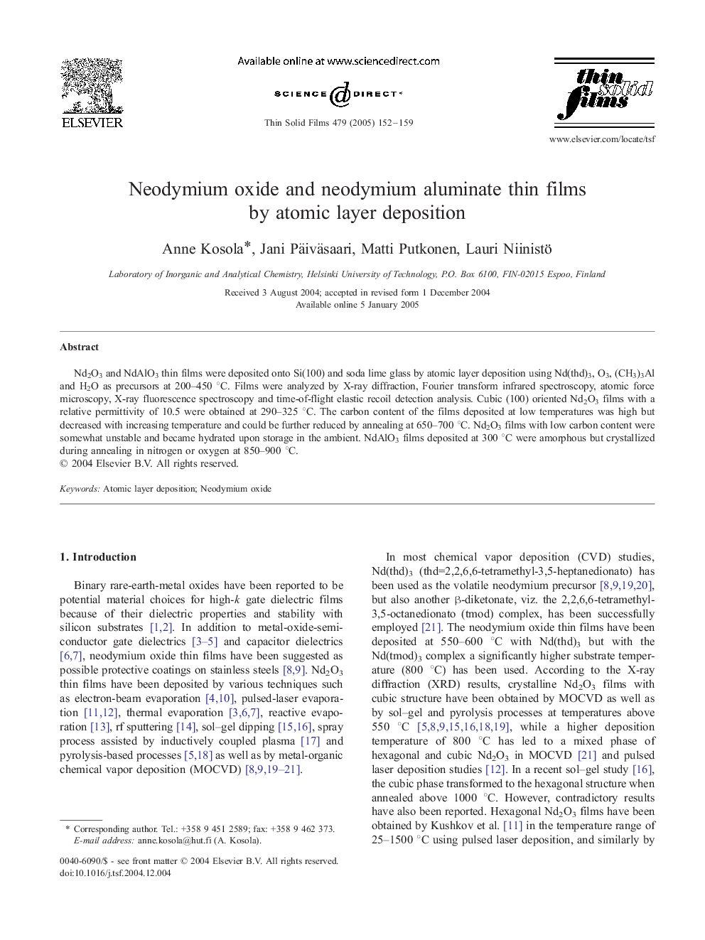 عکس صفحه اول مقاله: Neodymium oxide and neodymium aluminate thin films by atomic layer deposition Neodymium oxide and neodymium aluminate thin films by atomic layer deposition