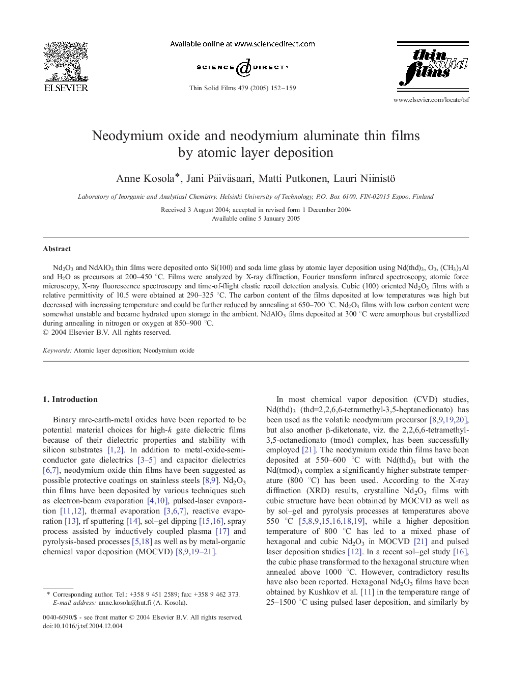 Neodymium oxide and neodymium aluminate thin films by atomic layer deposition