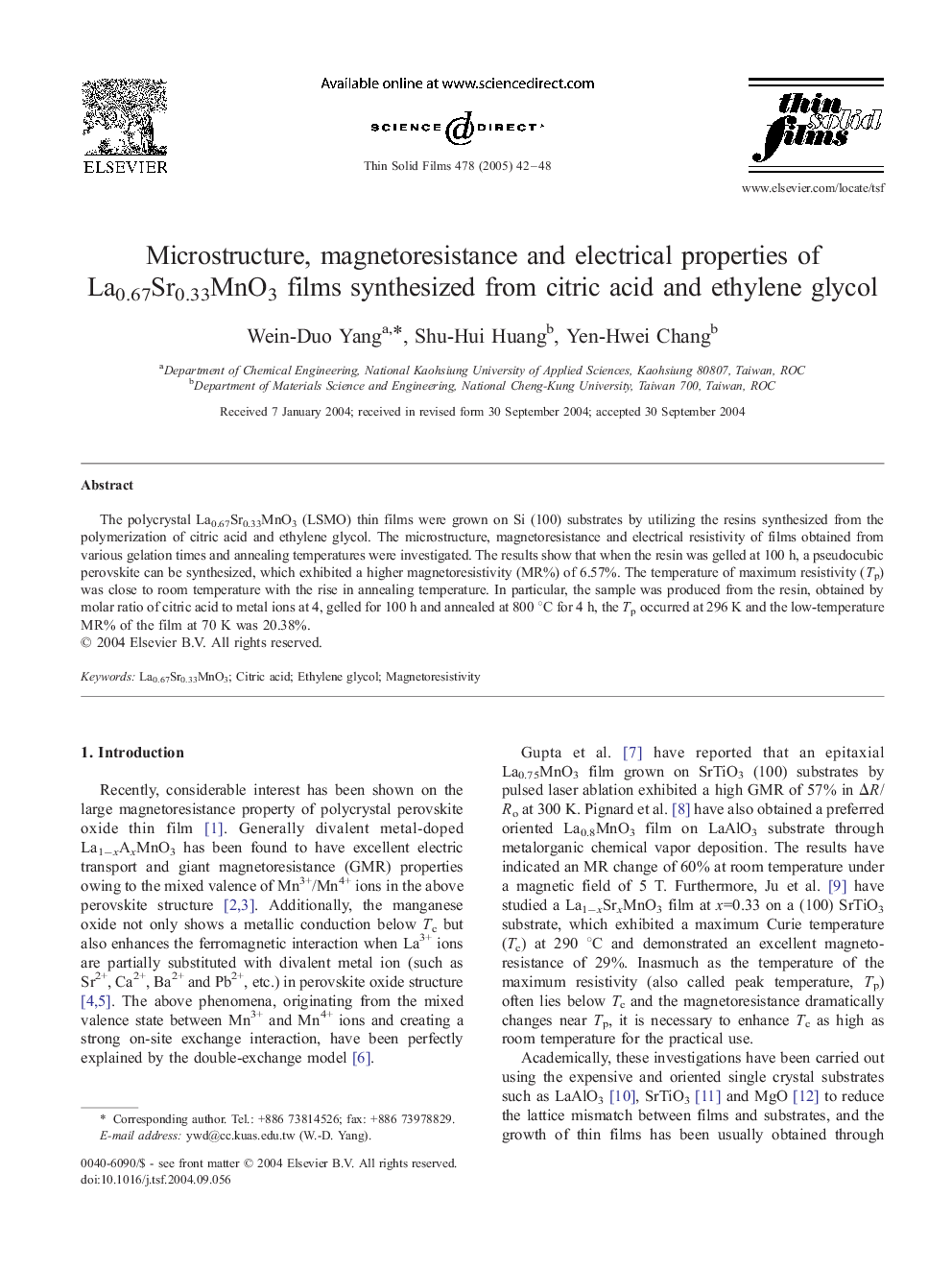 Microstructure, magnetoresistance and electrical properties of La0.67Sr0.33MnO3 films synthesized from citric acid and ethylene glycol