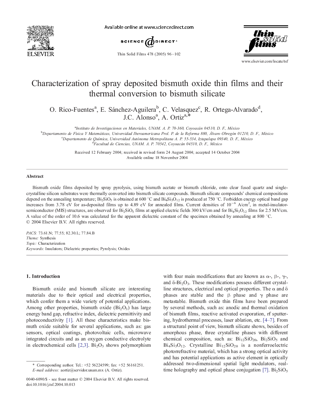 عکس صفحه اول مقاله: Characterization of spray deposited bismuth oxide thin films and their thermal conversion to bismuth silicate Characterization of spray deposited bismuth oxide thin films and their thermal conversion to bismuth silicate