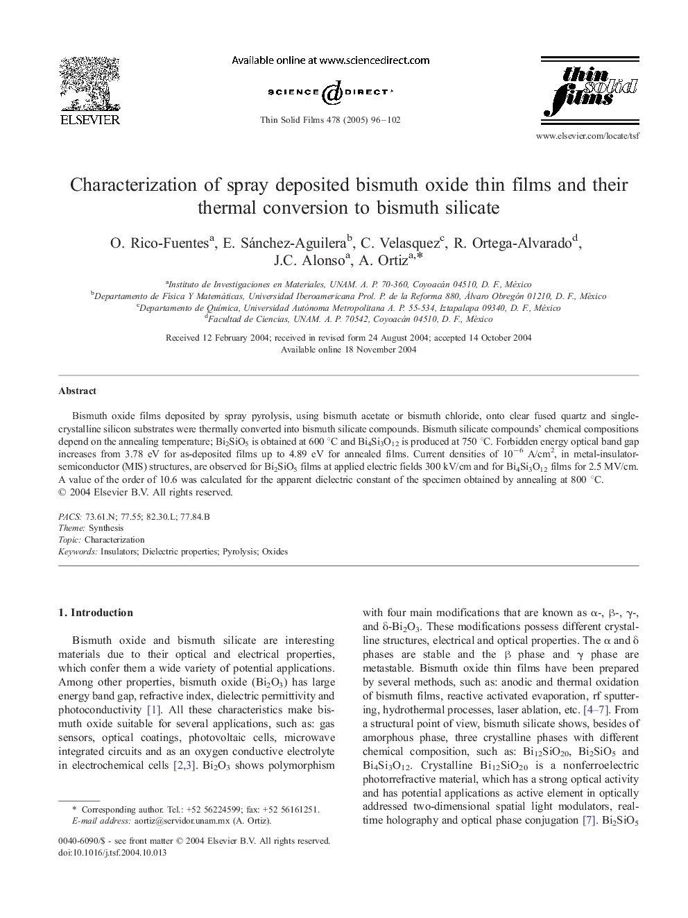 Characterization of spray deposited bismuth oxide thin films and their thermal conversion to bismuth silicate