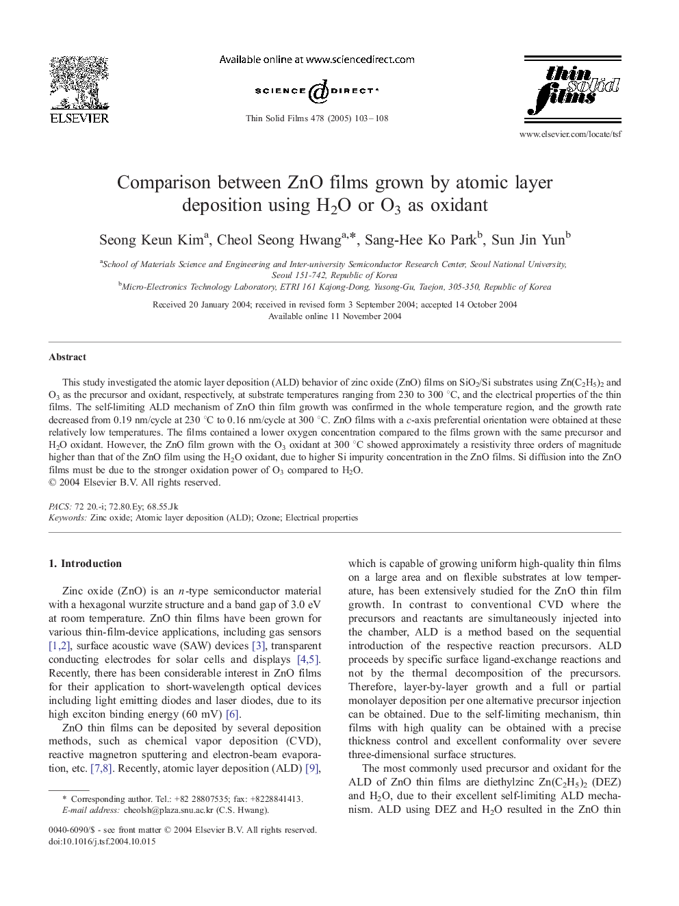 Comparison between ZnO films grown by atomic layer deposition using H2O or O3 as oxidant