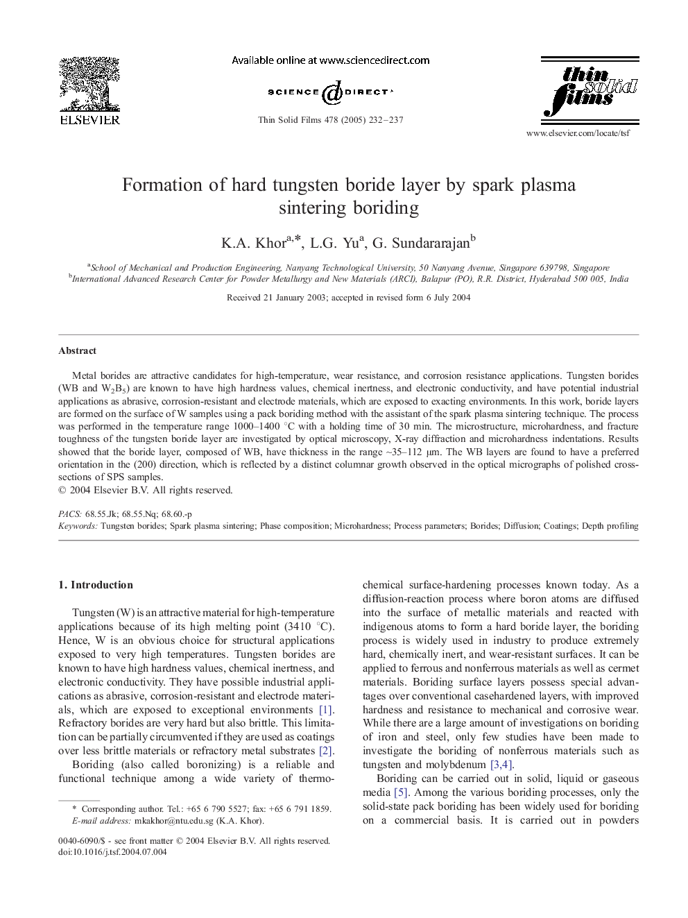 Formation of hard tungsten boride layer by spark plasma sintering boriding