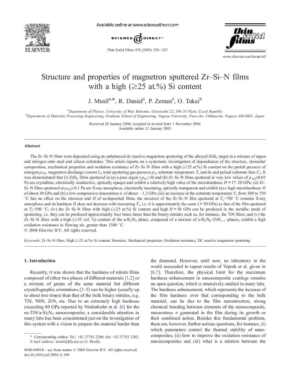 Structure and properties of magnetron sputtered Zr-Si-N films with a high (â¥25 at.%) Si content