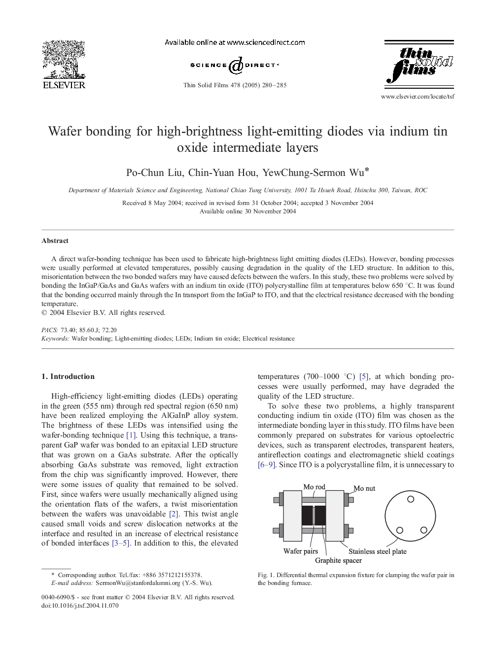 Wafer bonding for high-brightness light-emitting diodes via indium tin oxide intermediate layers