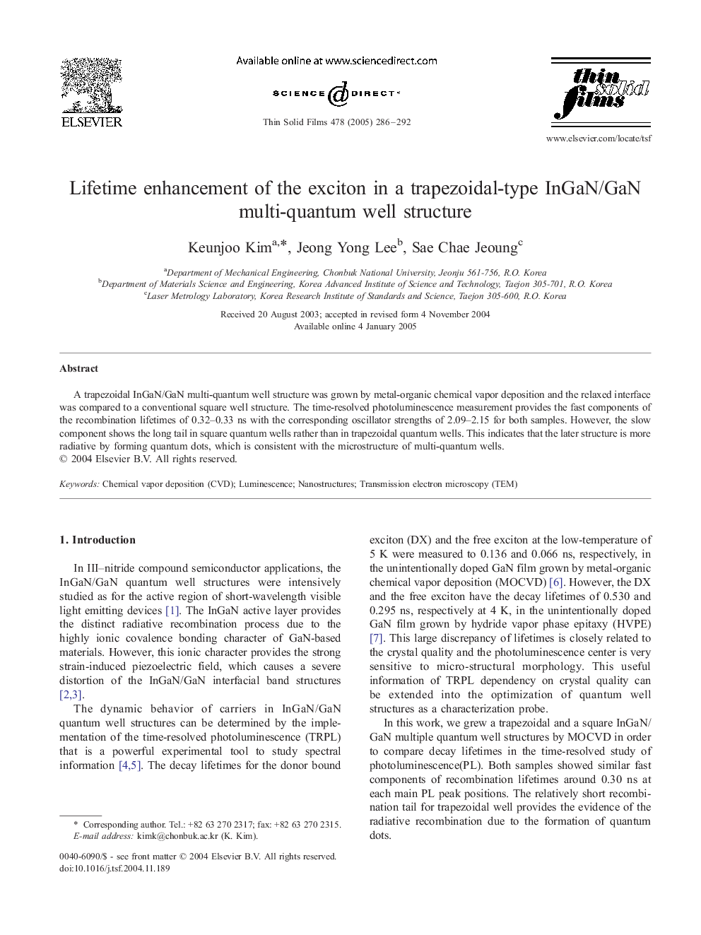 Lifetime enhancement of the exciton in a trapezoidal-type InGaN/GaN multi-quantum well structure