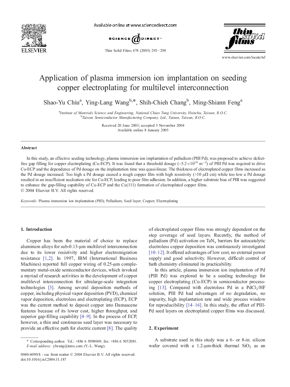 Application of plasma immersion ion implantation on seeding copper electroplating for multilevel interconnection