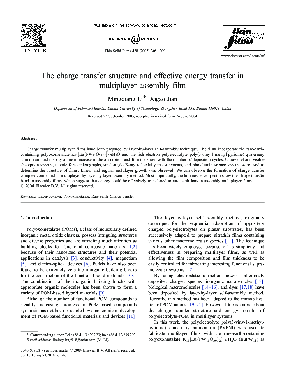 The charge transfer structure and effective energy transfer in multiplayer assembly film